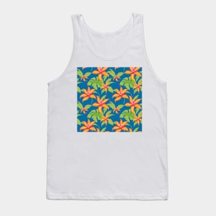 Tropical Bliss: Hawaiian Orange Leaves on Celestial Blue Tank Top